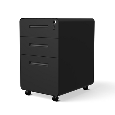 Rollcontainer DESKSPACE ROLLCONTAINER in Schwarz – Freisteller mit 3 Schubladen und Rollen vor weißem Hintergrund