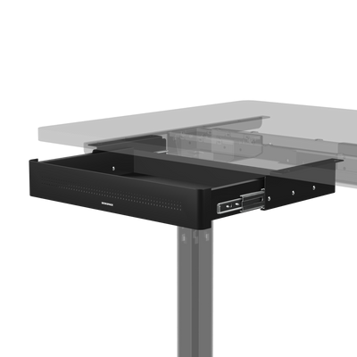 Untertisch Schublade DESKSPACE SCHUBLADE in Schwarz – Hero-Aufnahme unter einer Schreibtischplatte montiert, freigestellt vor dunklem Hintergrund